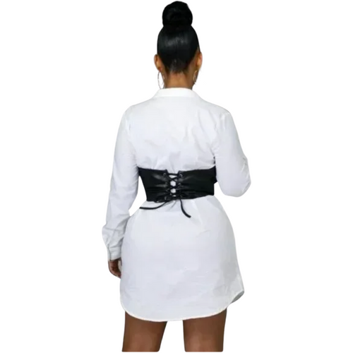 White Long Sleeve Mini Shirt Dress with Black Faux Leather Corset Belt